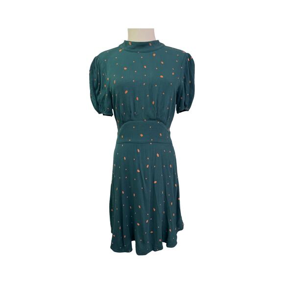 Free People Green Polka Dot Fit & Flare Mini Dress Size 6 Open Back Puff Sleeve - Picture 1 of 8
